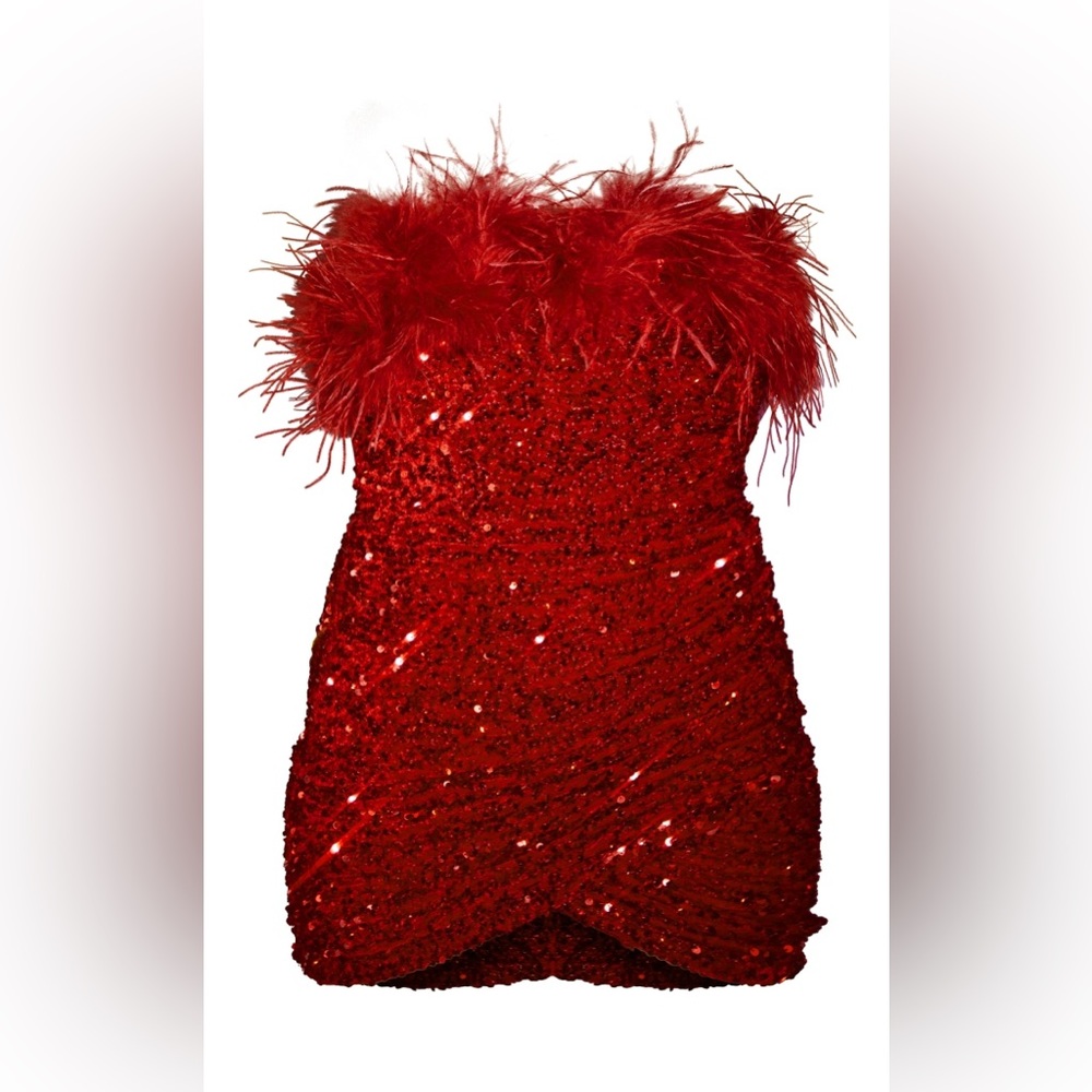 NWT Sold Out Red Feather Trim Bandeau Sequin Bodycon Dress